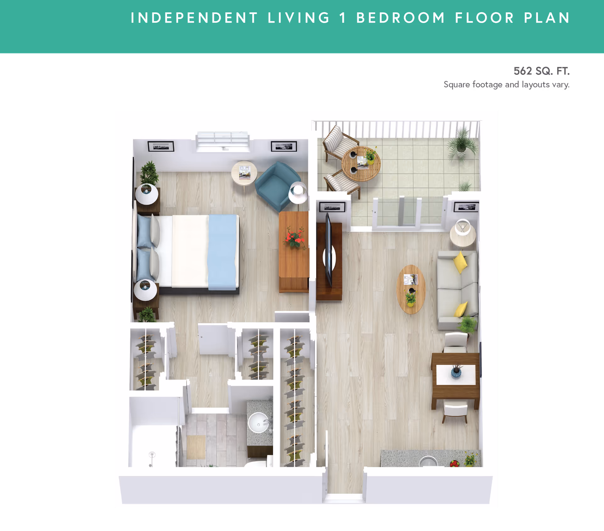 3D floor plan of an independent living 1-bedroom apartment with 562 square feet. The layout includes a bedroom with a bed, two nightstands, a chair, and a dresser. Adjacent to the bedroom is a bathroom with a shower, sink, and toilet. There are two closets near the bathroom. The living area features a sofa with yellow pillows, a coffee table, a TV on a stand, a small dining table with two chairs, and a kitchen counter with a sink. A balcony with two chairs and a round table is accessible from the living room.