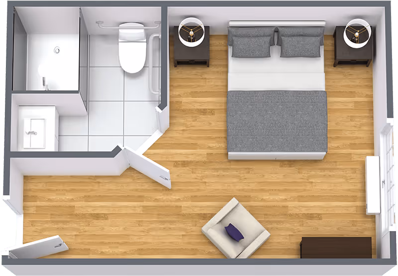 Top-down view of a senior living facility room layout featuring a bedroom with a double bed, two bedside tables with lamps, a single armchair with a purple cushion, a dresser, and a window. The room has wooden flooring and an attached bathroom with a shower, toilet, and sink.