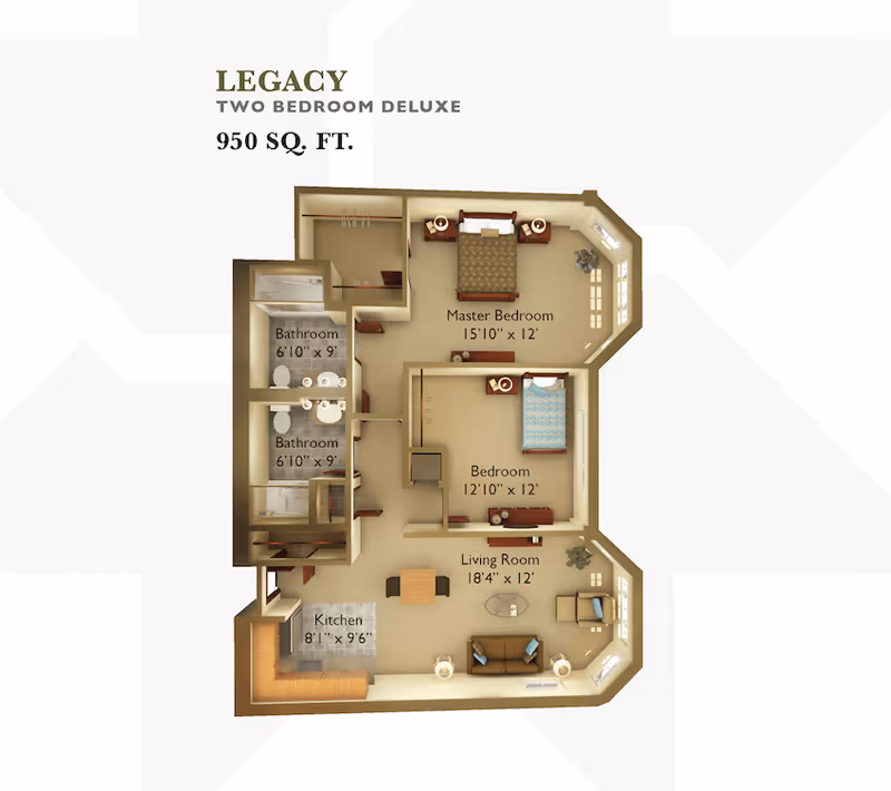 Floor plan of a two-bedroom deluxe apartment named Legacy with 950 square feet. It includes a master bedroom measuring 15'10" x 12', a second bedroom measuring 12'10" x 12', two bathrooms each measuring 6'10" x 9', a kitchen measuring 8'1" x 9'6", and a living room measuring 18'4" x 12'. The layout shows furniture placement in each room.