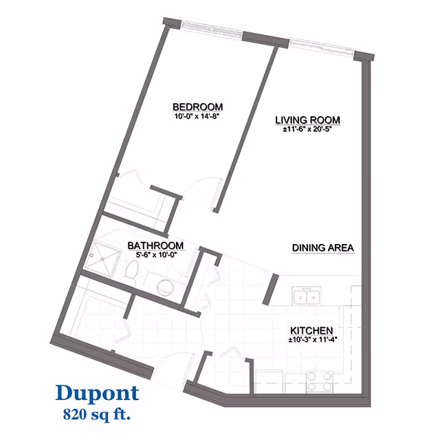 Floor plan of an 820 sq ft apartment labeled 'Dupont' showing a bedroom, living room, dining area, kitchen and bathroom.