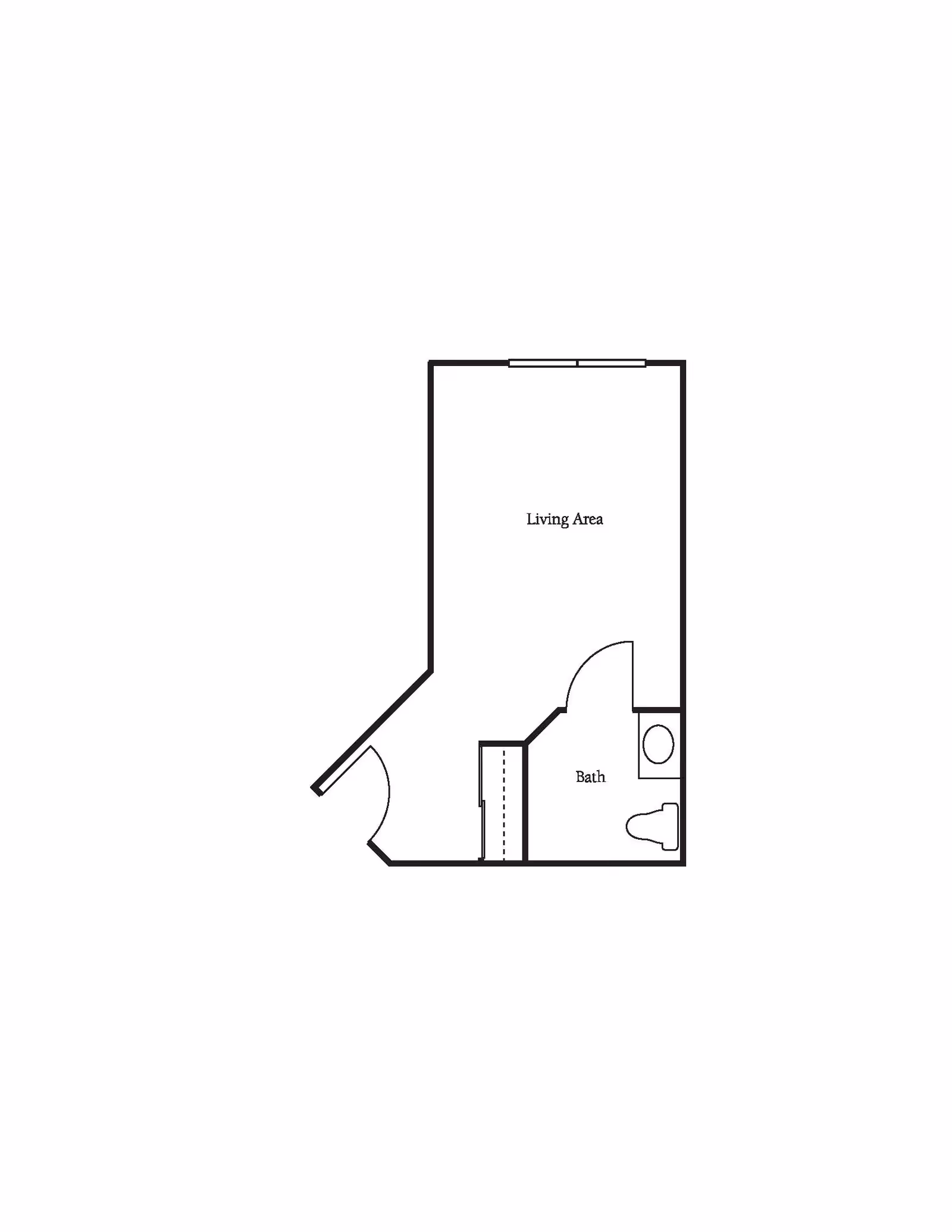 Floor plan layout showing a living area and a bathroom with a toilet and sink.