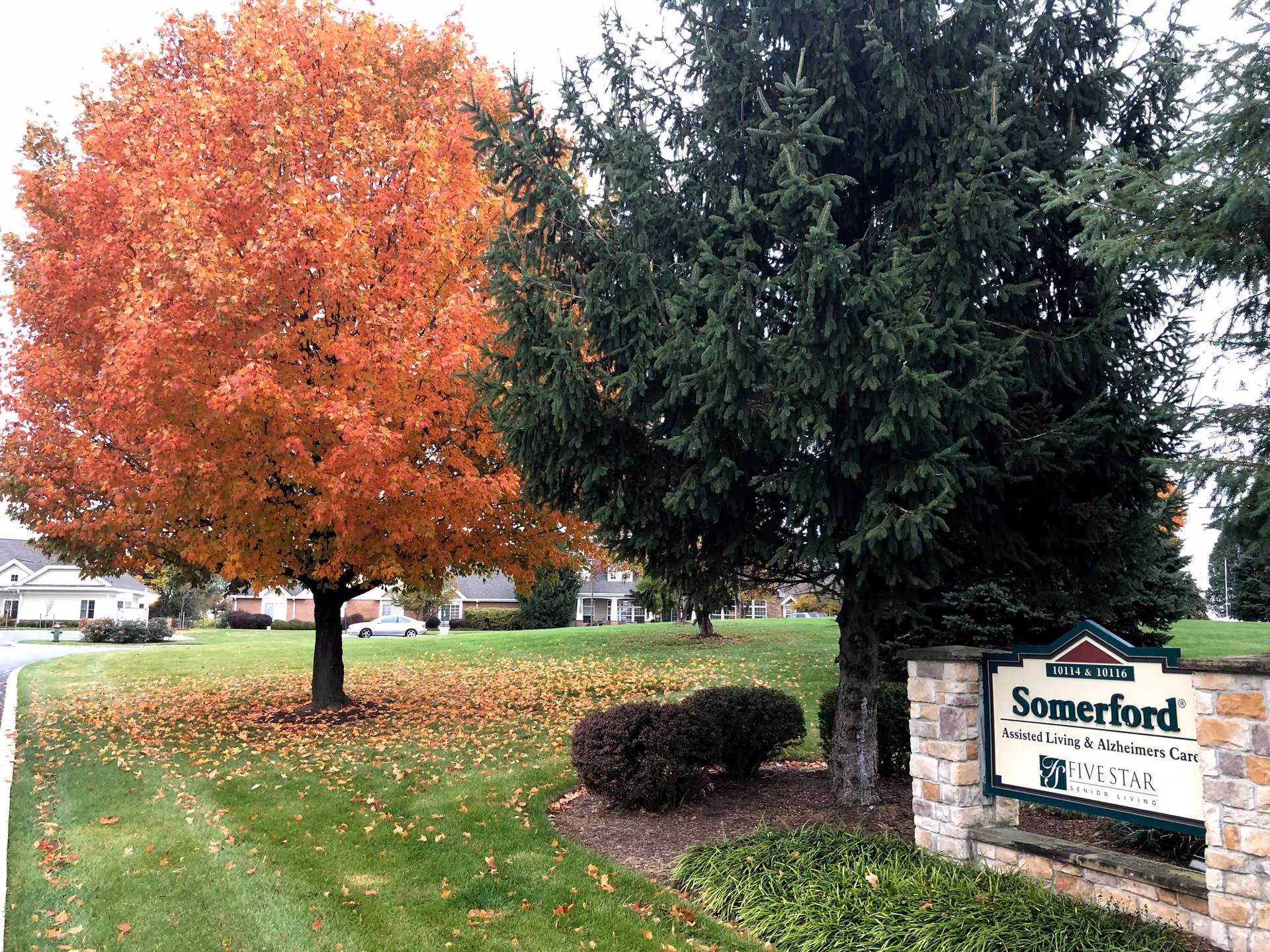 Stone entrance sign for Somerford Assisted Living & Alzheimer’s Care on a grassy lawn with colorful autumn trees.