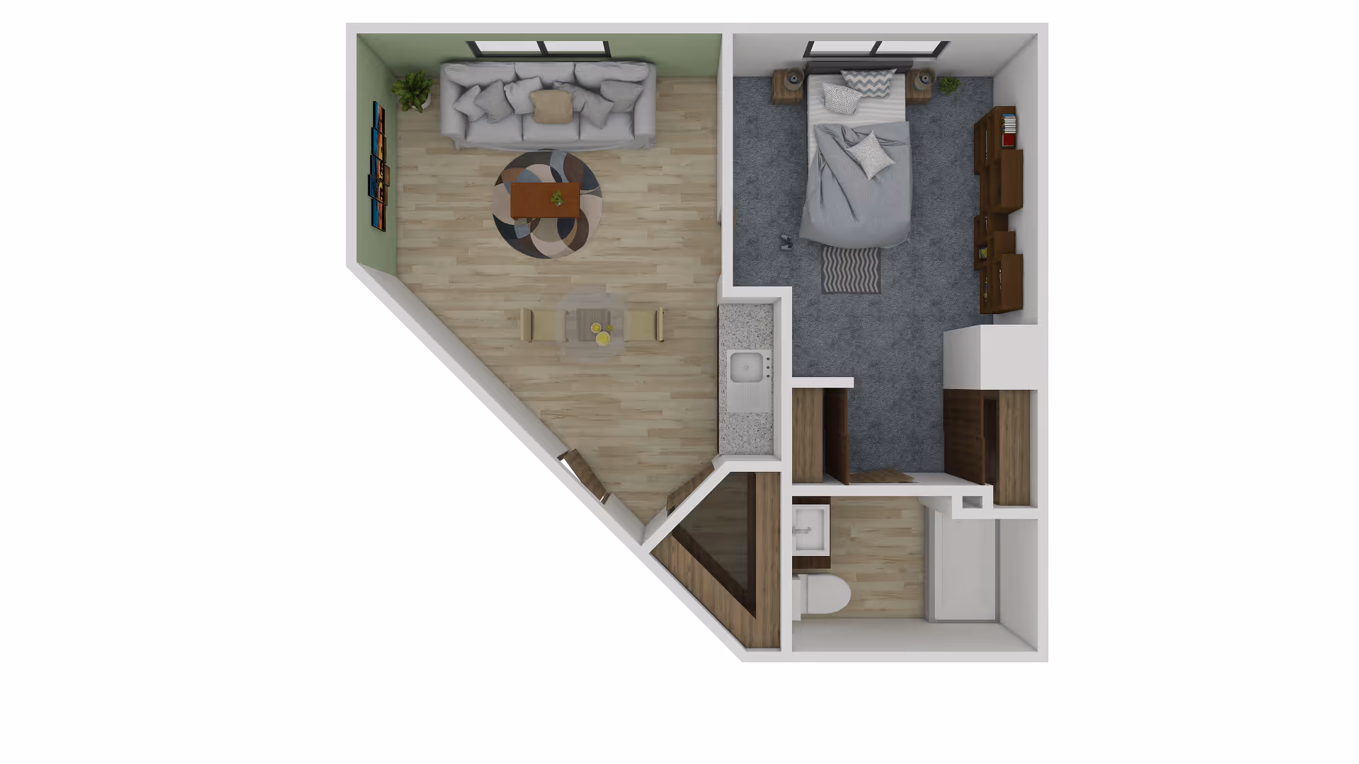 Top-down view of a senior living apartment floor plan featuring a living room with a sofa, coffee table, and dining table, a bedroom with a bed and dresser, a bathroom with a toilet and shower, and a small kitchen area with a sink.