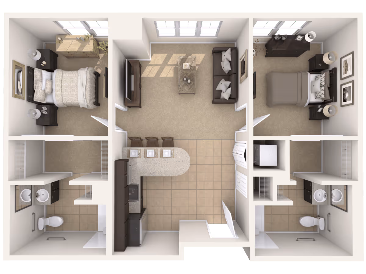 Top-down view of a two-bedroom apartment floor plan featuring a living room with a sofa and coffee table, a kitchen with a breakfast bar and three stools, two bedrooms each with a bed, nightstands, and dressers, and two bathrooms with sinks, toilets, and showers.