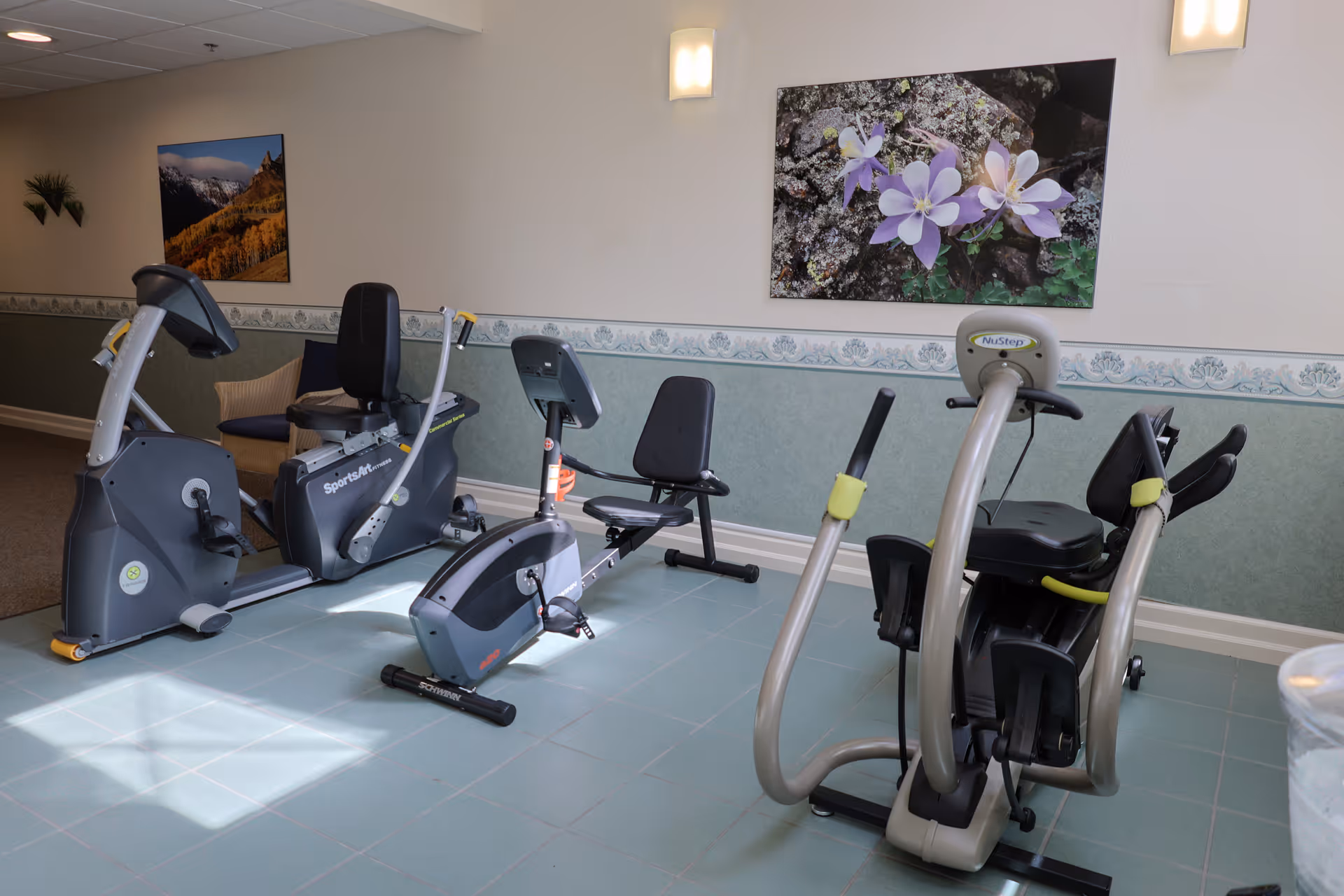 A small exercise room with three pieces of cardio equipment including a recumbent bike, a rowing machine, and a NuStep machine. The room has light blue tiled flooring, green and white wallpaper with a floral border, and two framed pictures on the wall featuring nature scenes. There is also a beige chair in the corner.