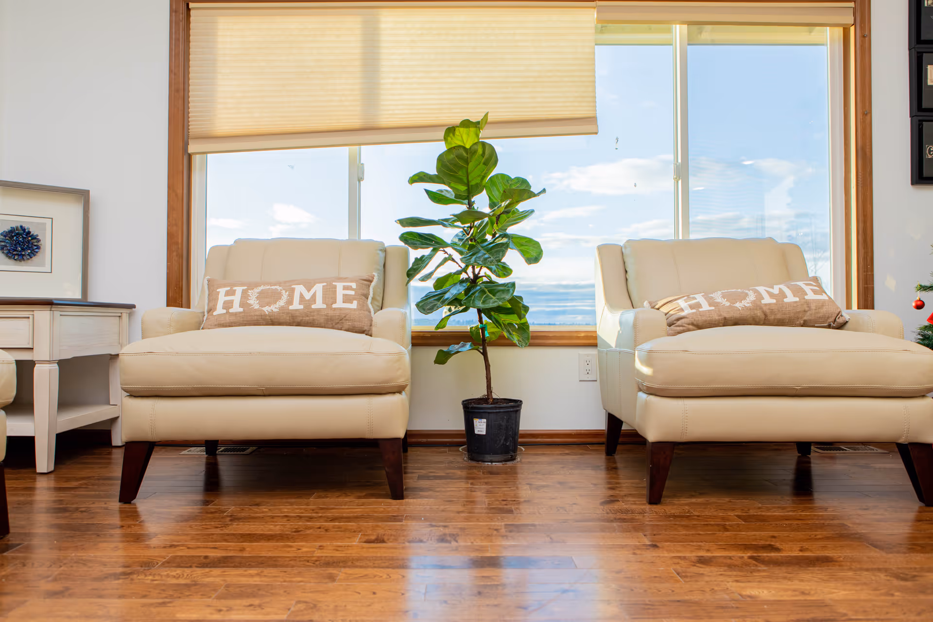 Two beige armchairs with brown pillows that say 'HOME' are placed on a wooden floor in front of a large window with beige blinds. A potted green plant is positioned between the chairs. A small white side table with a framed artwork is visible on the left side.