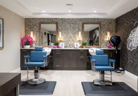 Interior of a modern salon area with two blue salon chairs in front of two sinks and mirrors. The back wall features a textured mosaic tile design with two wall-mounted lights on either side of each mirror. There are decorative plants and flowers on the countertop, and a black hair dryer hood is visible on the right side. The floor is light-colored wood, and the walls have a mix of light and dark patterned wallpaper.