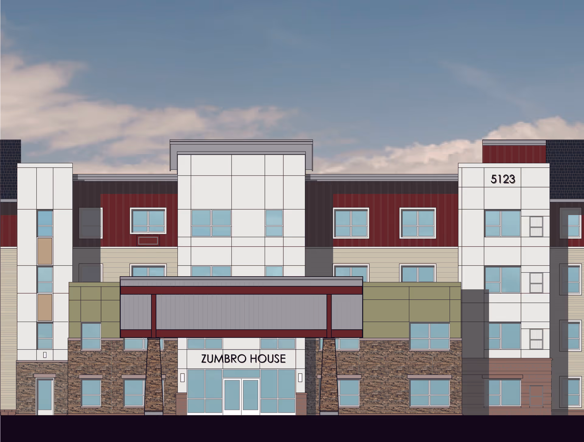 Architectural rendering of the front exterior of a multi-story building named Zumbro House, featuring a modern design with multiple windows, a central entrance with glass doors, and the number 5123 displayed on the upper right side.