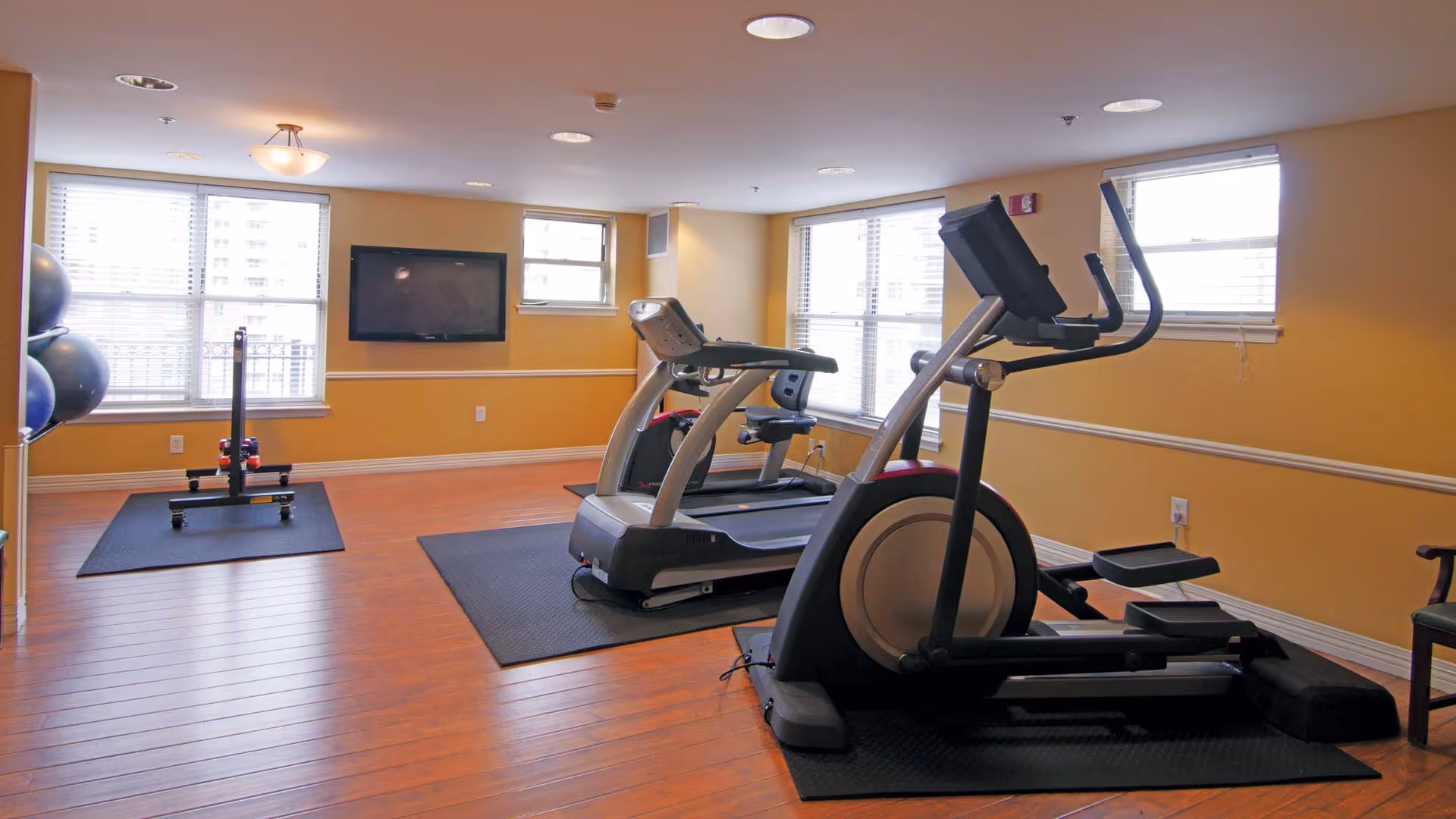 Exercise room with treadmills and an elliptical, fitness balls, a wall-mounted TV, and hardwood floors.