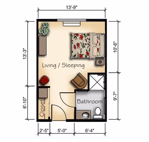 Floor plan of a small living and sleeping area with a bed, chair, closet, and a bathroom including a toilet and shower. Dimensions are marked around the layout.