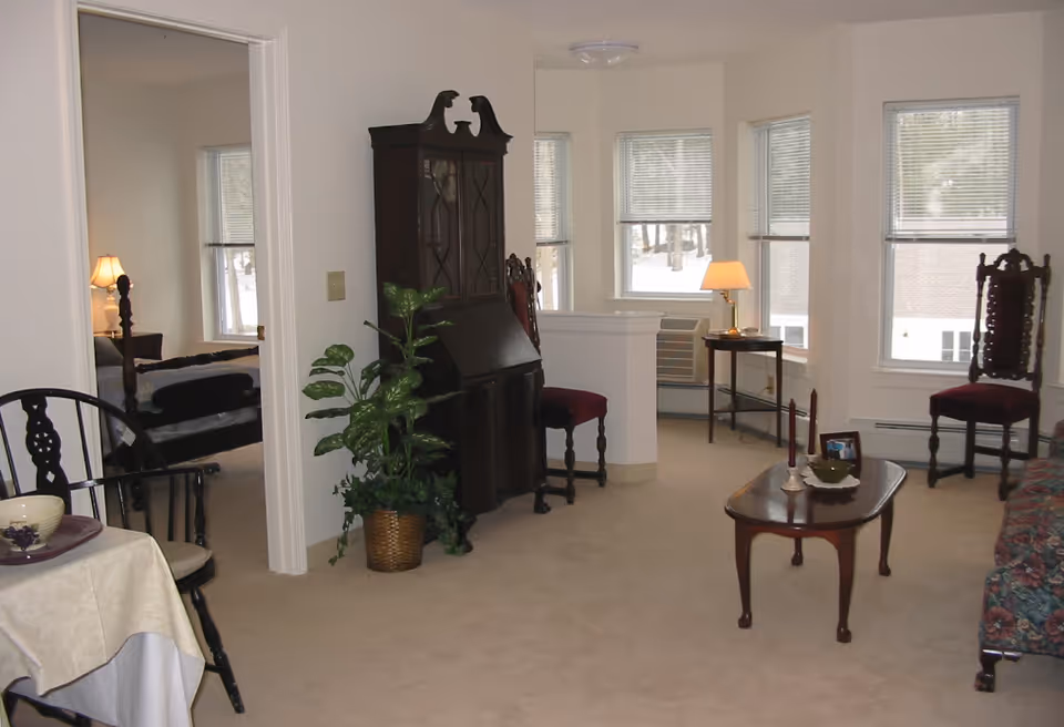 A bright living room with antique chairs, a coffee table, a cabinet, a potted plant and multiple windows overlooking a snowy yard.