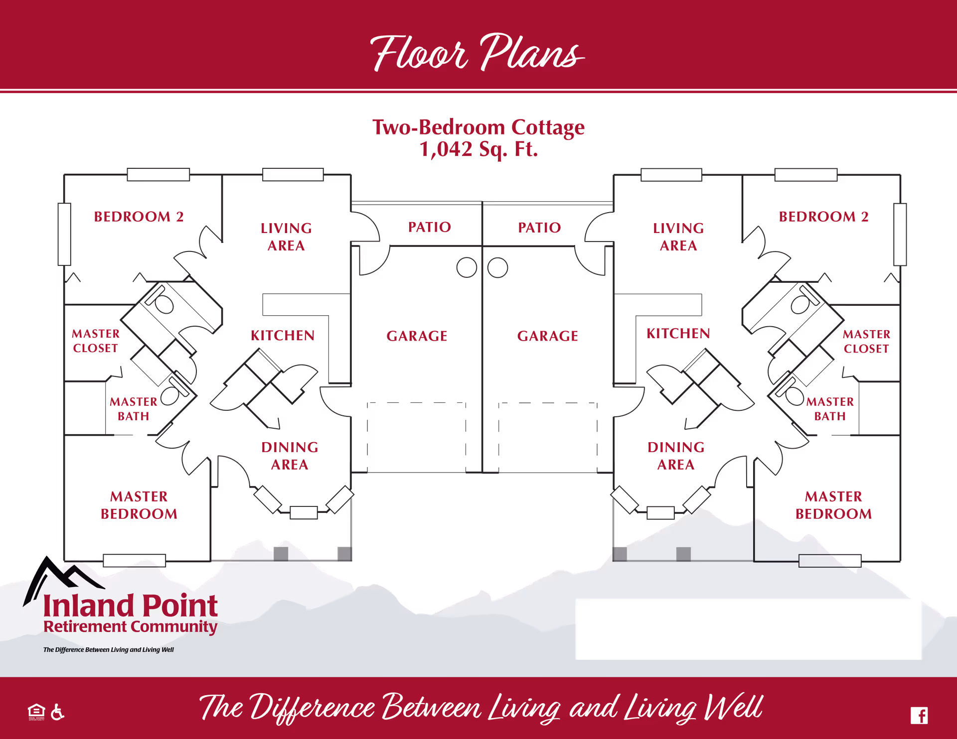 Floor plan graphic for a two-bedroom 1,042 sq. ft. cottage showing labeled rooms and the Inland Point Retirement Community logo.