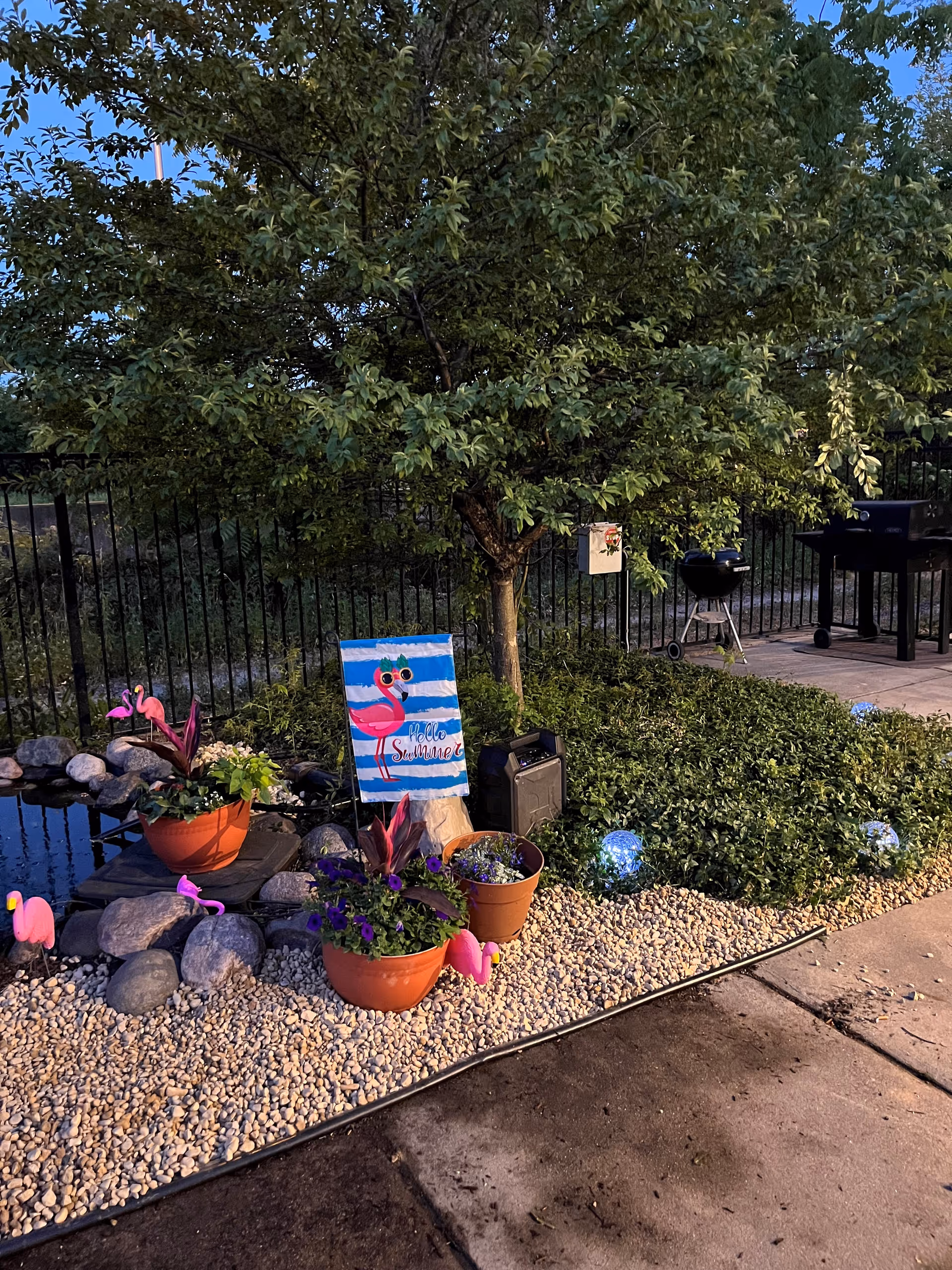 Outdoor garden area with a small pond surrounded by rocks and potted plants. Several pink flamingo decorations are placed around the pond and plants. A small flag with a pink flamingo and the text 'Hello Summer' is displayed near a tree. There is a black metal fence in the background, along with two grills on a paved patio area.