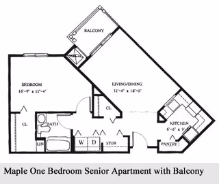 Floor plan of a Maple one bedroom senior apartment with a balcony, showing a bedroom, bathroom, living/dining area, kitchen with pantry, balcony, and storage spaces including washer and dryer.
