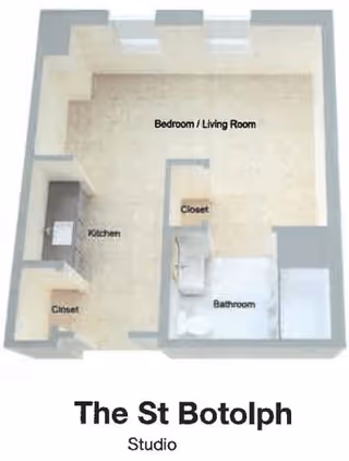 3D floor plan of a studio apartment named The St Botolph, showing labeled areas including Bedroom/Living Room, Kitchen, Bathroom, and two Closets.