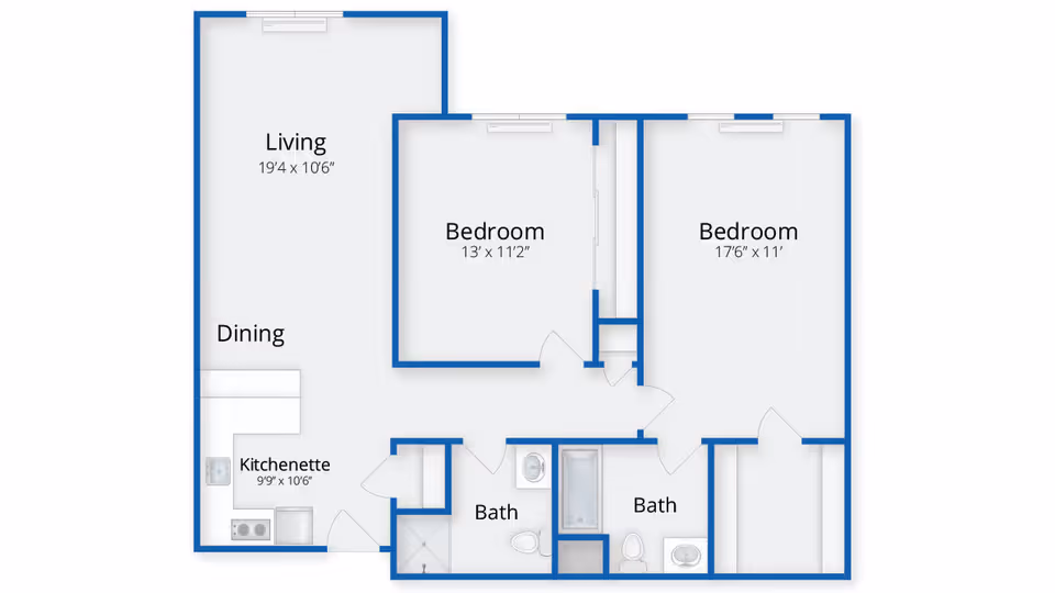 Floor plan of a residential unit at The Village at Mariner's Point showing two bedrooms, two bathrooms, a living and dining area, and a kitchenette. The living area measures 19 feet 4 inches by 10 feet 6 inches, one bedroom measures 13 feet by 11 feet 2 inches, and the other bedroom measures 17 feet 6 inches by 11 feet.