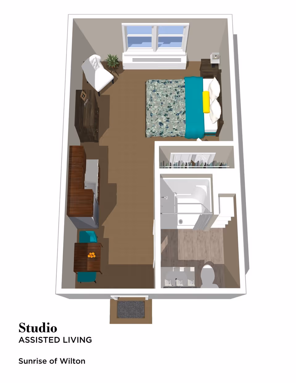 3D floor plan of a studio assisted living apartment at Sunrise of Wilton, showing a combined living and sleeping area with a bed, chair, dresser, kitchenette with cabinets and appliances, small dining table with two chairs, and a bathroom with a shower, toilet, and sink.