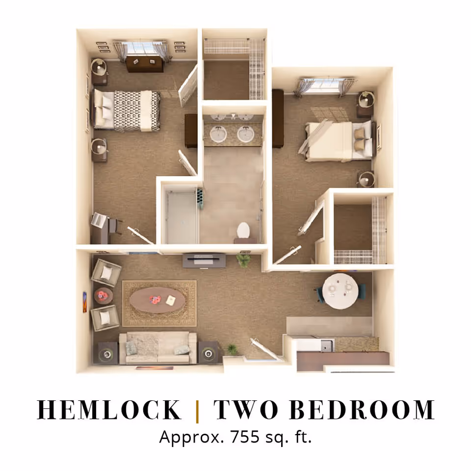 3D top-down floor plan of the Hemlock two-bedroom apartment showing two bedrooms, a bathroom, living room, dining area, and kitchen.