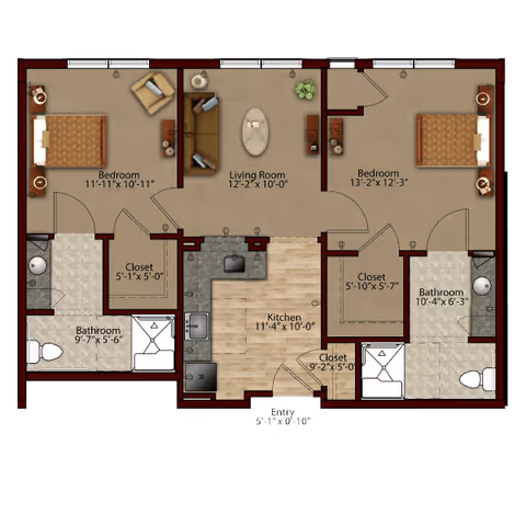 Floor plan layout of a two-bedroom apartment at Harmony at White Oaks, showing two bedrooms, two bathrooms, a living room, a kitchen, and multiple closets with dimensions labeled for each room.