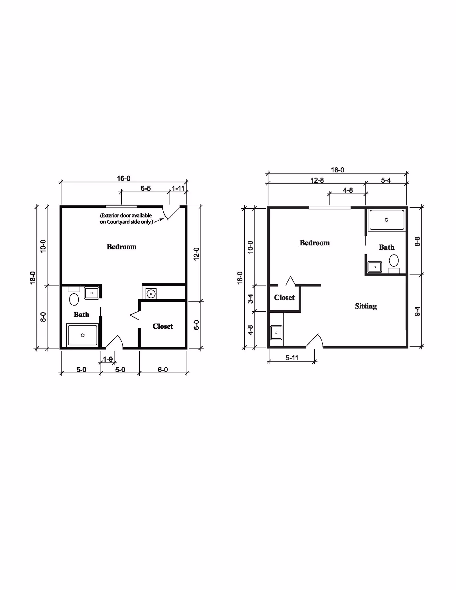Two black-and-white floor plan diagrams of small apartment layouts showing bedrooms, baths, closets and dimension measurements.