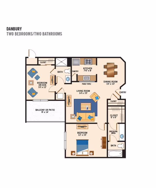 Floor plan of Danbury unit at Bellingham at West Chester showing two bedrooms and two bathrooms. The layout includes a bedroom or den measuring 10 by 12 feet, a balcony or patio measuring 8 by 14 feet, a kitchen measuring 7 feet 6 inches by 8 feet, a dining room measuring 10 by 10 feet, a living room measuring 14 by 15 feet, a bedroom measuring 12 by 15 feet, two bathrooms, closets, a pantry, a dressing area, and an entry.