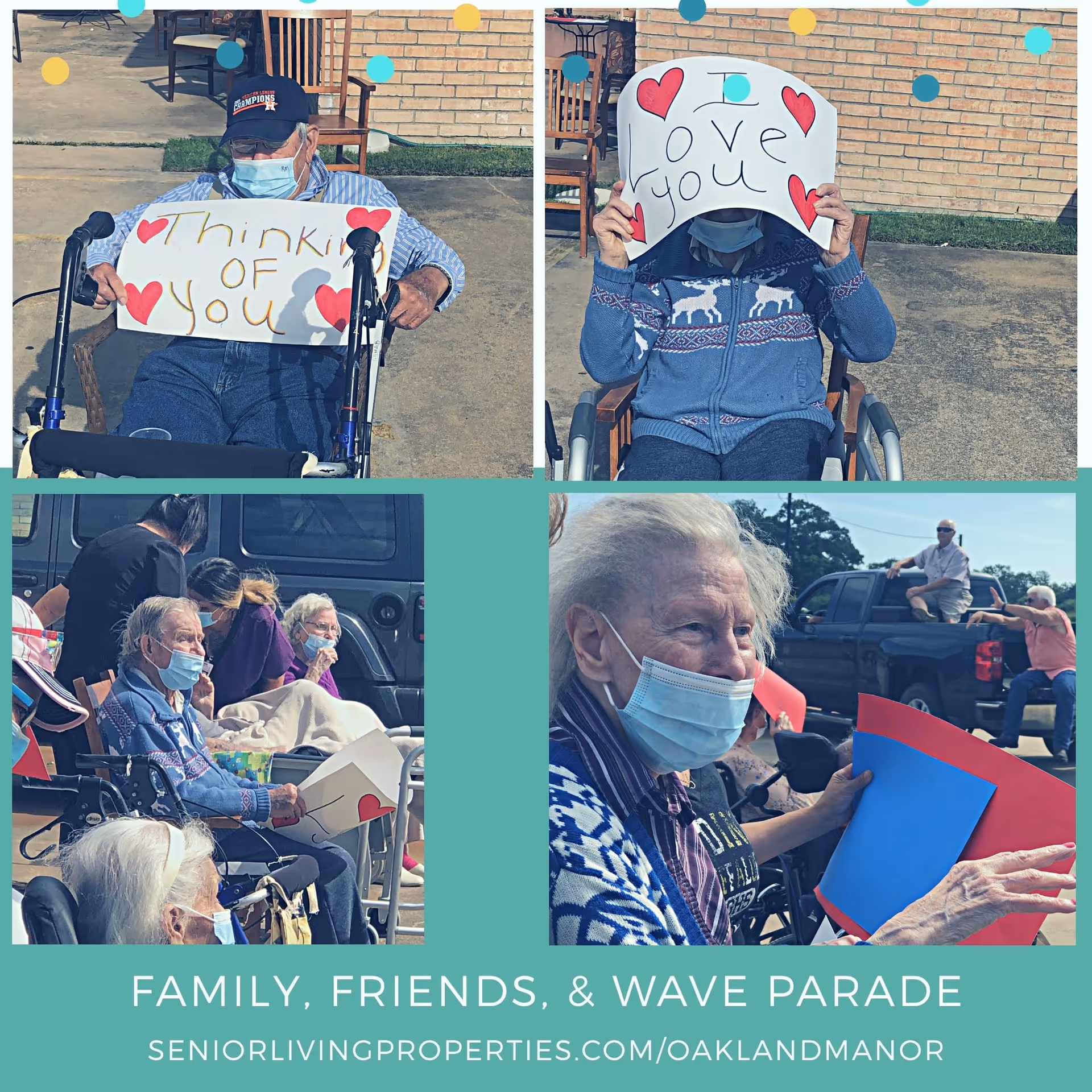 A collage of four photos showing elderly residents at Oakland Manor Nursing and Rehabilitation Center participating in an outdoor wave parade. Two residents hold signs that say 'Thinking of you' and 'Love you' with red hearts. Other residents are seated in wheelchairs, wearing masks, and holding colorful signs. In the background, people wave from a pickup truck. The bottom of the collage has text that reads 'Family, Friends, & Wave Parade' and the facility's website URL.