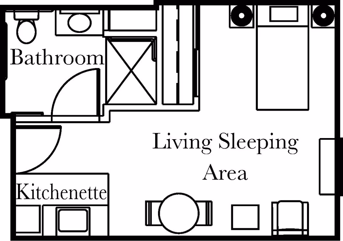 Black-and-white floor plan of a studio unit showing a bathroom, kitchenette, and a combined living/sleeping area with furniture.