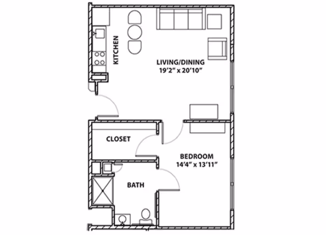 Black-and-white floor plan of a one-bedroom apartment showing a kitchen, living/dining area, bedroom, closet, and bathroom with room dimensions.