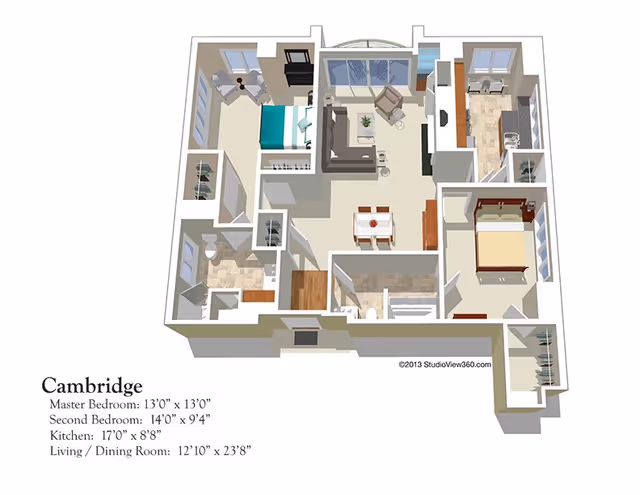 3D floor plan of an apartment named Cambridge showing two bedrooms, a kitchen, a living and dining room area, and bathrooms. The master bedroom measures 13 feet by 13 feet, the second bedroom 14 feet by 9 feet 4 inches, the kitchen 17 feet by 8 feet 8 inches, and the living/dining room 12 feet 10 inches by 23 feet 8 inches.