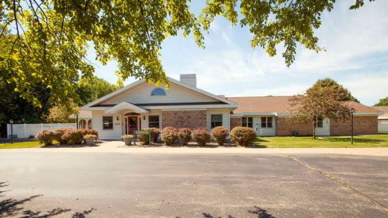 Exterior of Hearten House III, a single-story senior facility with a welcoming entrance.