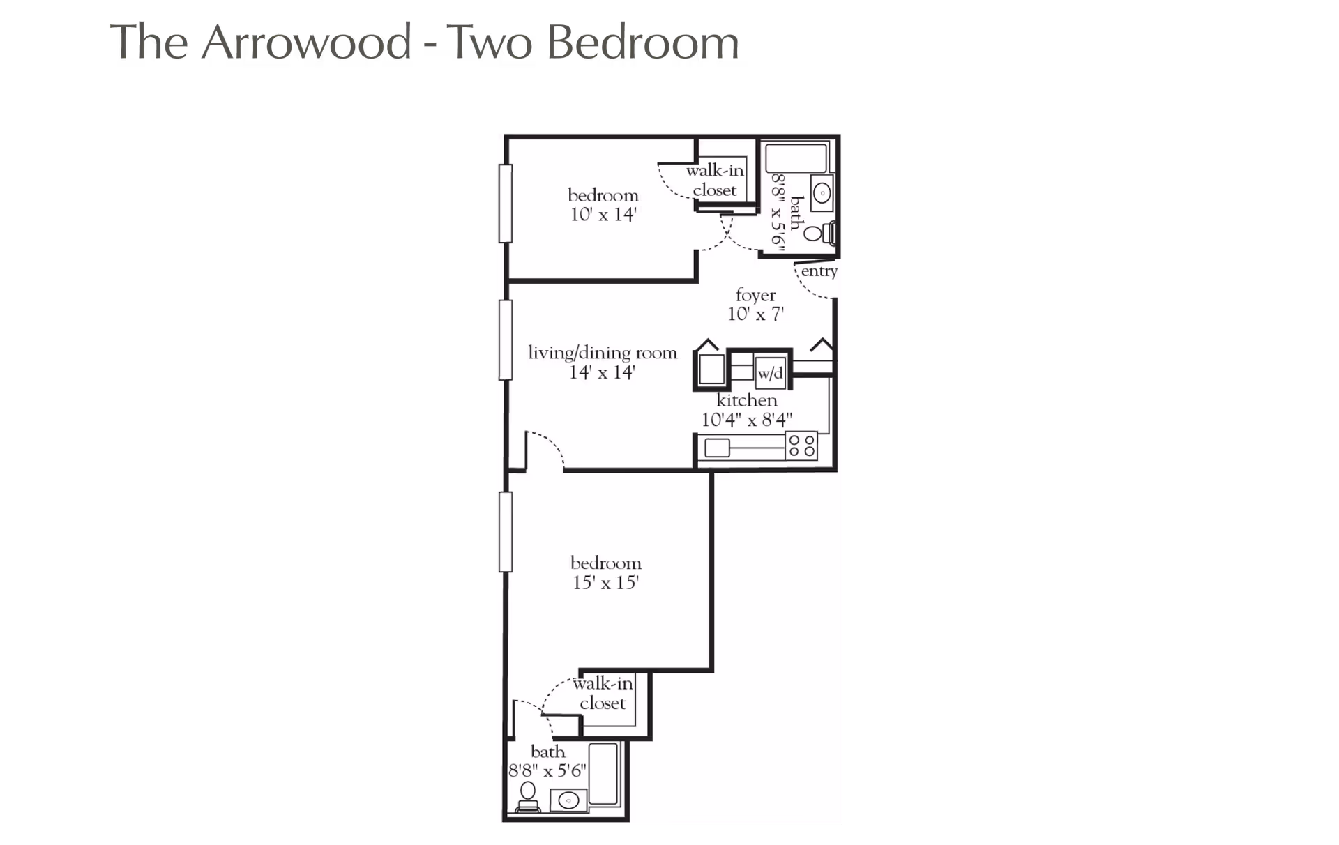 Floor plan titled The Arrowood - Two Bedroom, showing two bedrooms, two bathrooms, a living/dining room, kitchen, foyer, and walk-in closets.