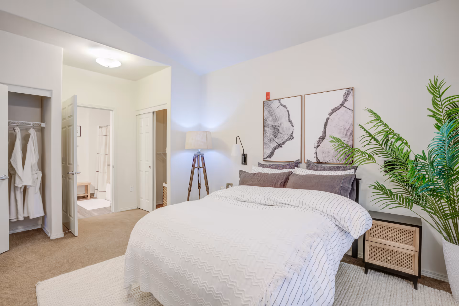 A bright and cozy bedroom with a neatly made bed featuring white and gray bedding. Two framed abstract art pieces hang above the bed. To the right of the bed is a small nightstand with a woven front and a large green potted plant. A tripod floor lamp with a beige shade is positioned near the corner. The room has beige carpet and white walls. An open door reveals a walk-in closet with white robes hanging and a bathroom with a shower curtain visible in the background.