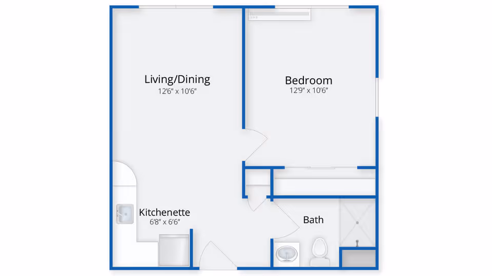 Floor plan layout of a senior living unit at The Village at Brookfield Common showing a living/dining area, bedroom, kitchenette, and bathroom with dimensions.