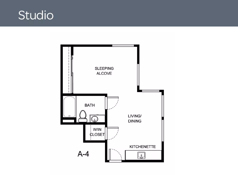 Black-and-white studio floor plan showing a sleeping alcove, bath, walk-in closet, kitchenette, and living/dining area.