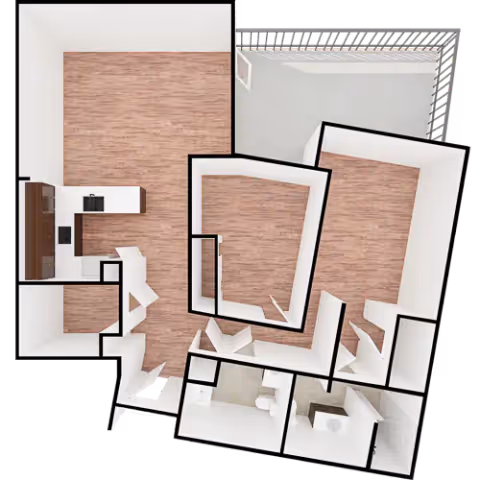Top-down view of a floor plan showing multiple rooms with wooden flooring, a kitchen area with cabinets and appliances, and a bathroom with a toilet and sink.
