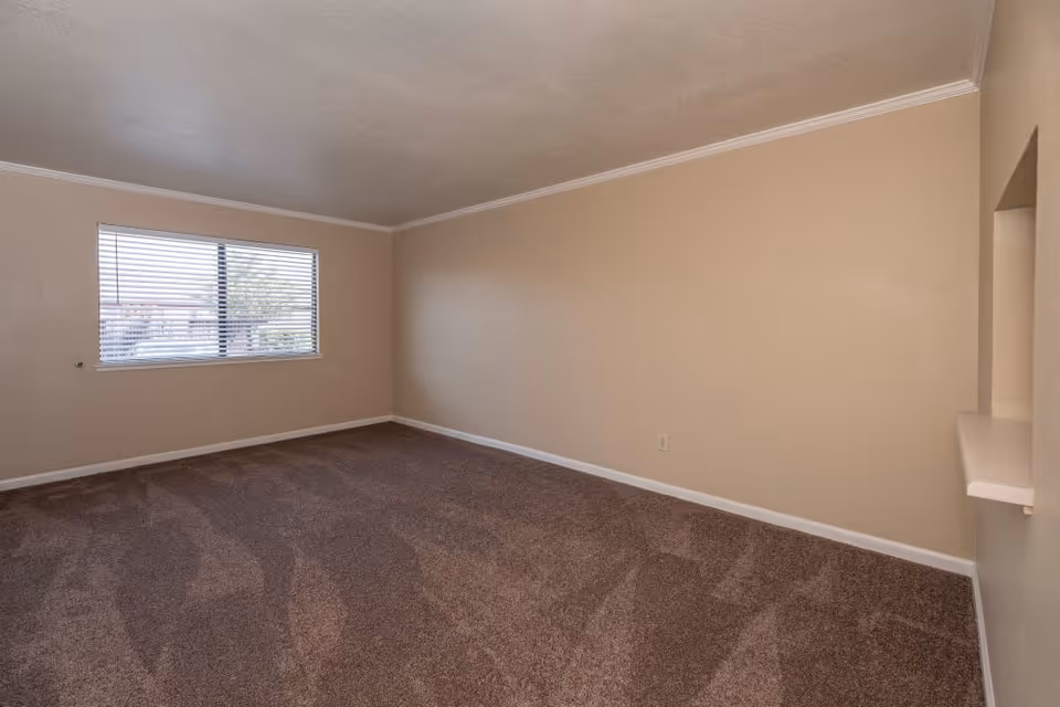 Empty room with beige walls, brown carpeted floor, a window with blinds on the left wall, and a small pass-through opening on the right wall.