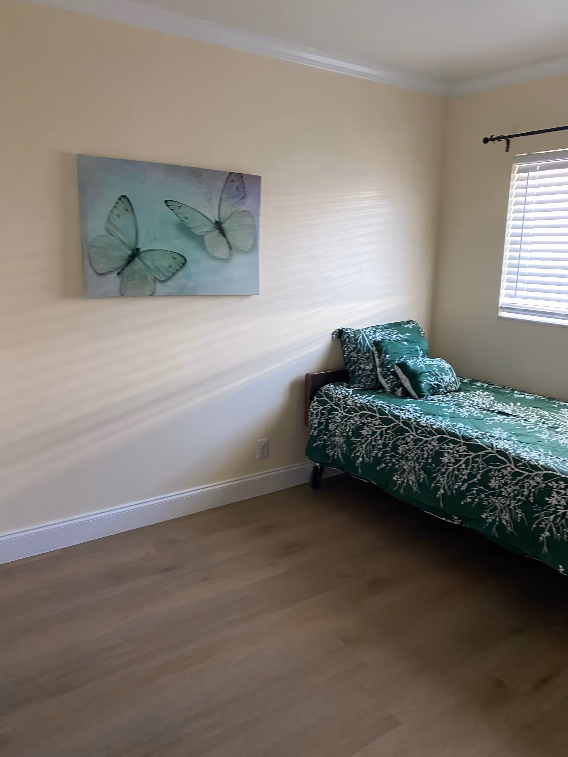A simple bedroom with a single bed covered in green bedding with white branch patterns. There are matching pillows on the bed. A window with blinds is on the right wall, and a painting of two green butterflies hangs on the left wall. The floor is wooden, and the walls are painted light beige.