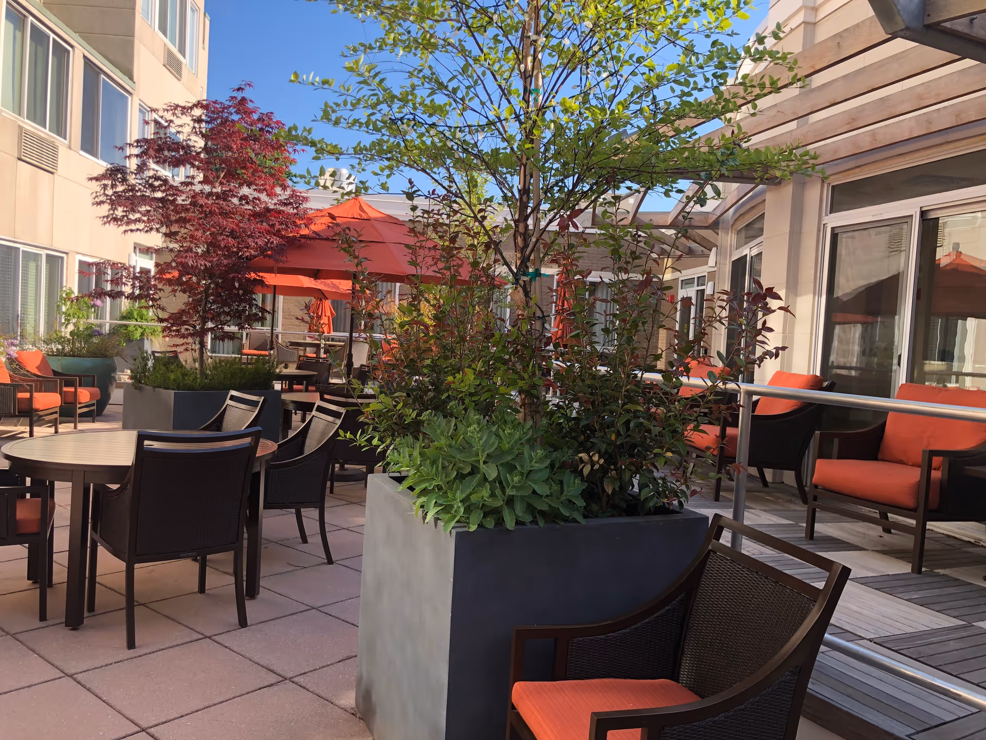Outdoor patio area at a senior living facility with multiple tables and chairs featuring orange cushions, large planters with green and red foliage, and orange umbrellas under a clear blue sky.