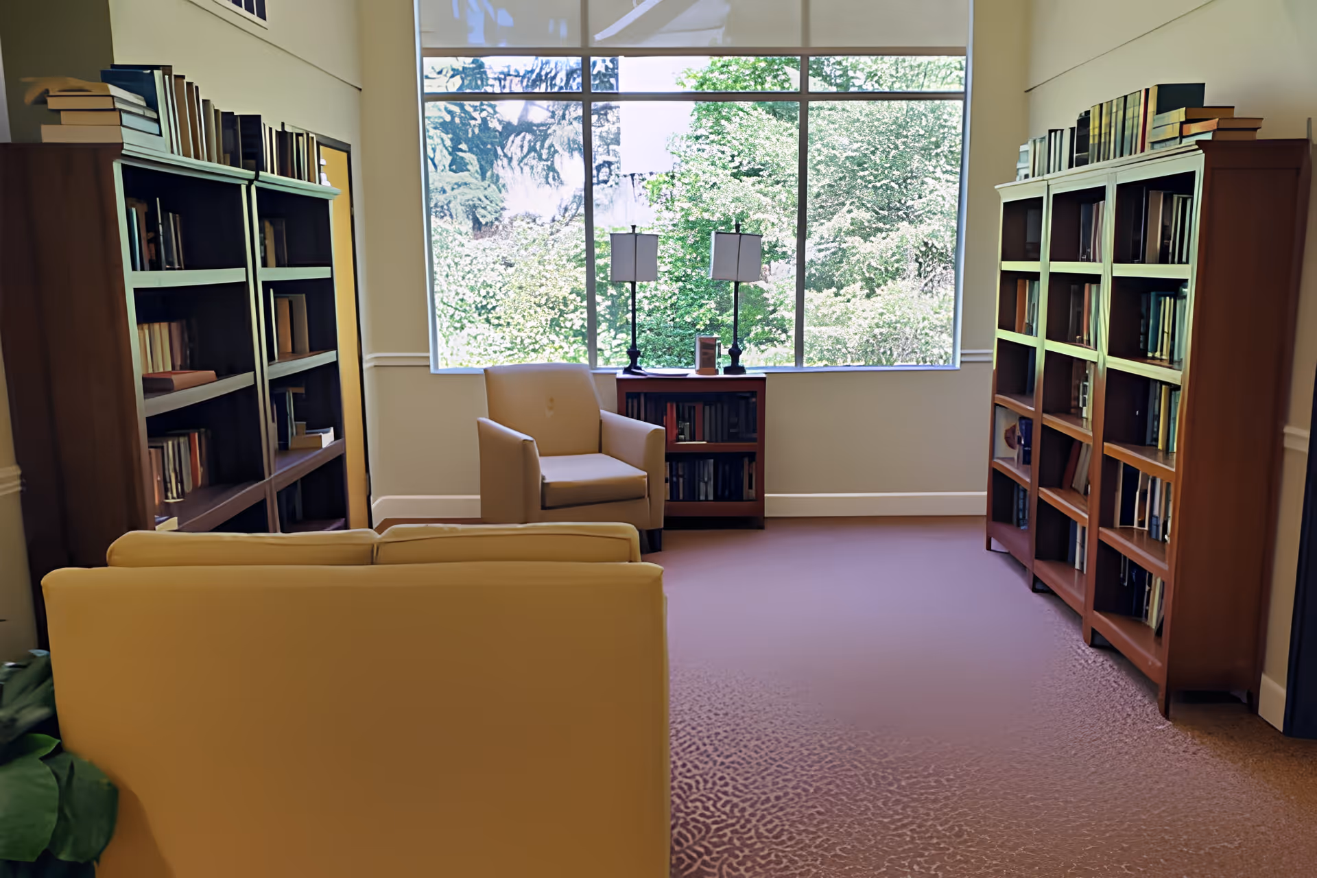 Sunny reading room with bookshelves, a sofa and armchair facing a large window overlooking trees.