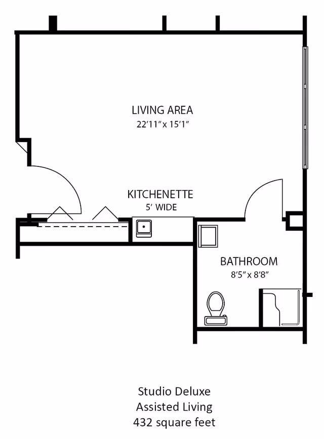 Floor plan of a Studio Deluxe assisted living unit at Aspen Grove, showing a living area measuring 22 feet 11 inches by 15 feet 1 inch, a kitchenette 5 feet wide, and a bathroom measuring 8 feet 5 inches by 8 feet 8 inches. The total area is 432 square feet.