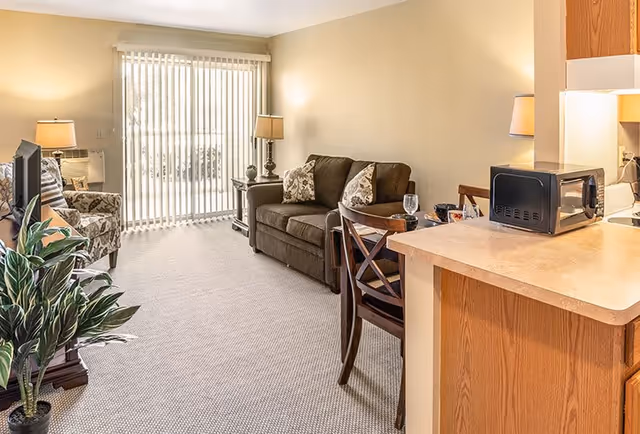 A cozy living room area with a brown sofa adorned with patterned cushions, a patterned armchair, a TV on a stand, and a potted plant. There are two side tables with lamps, and vertical blinds cover a sliding glass door letting in natural light. A small dining table with two chairs and a countertop with a microwave are visible in the foreground.