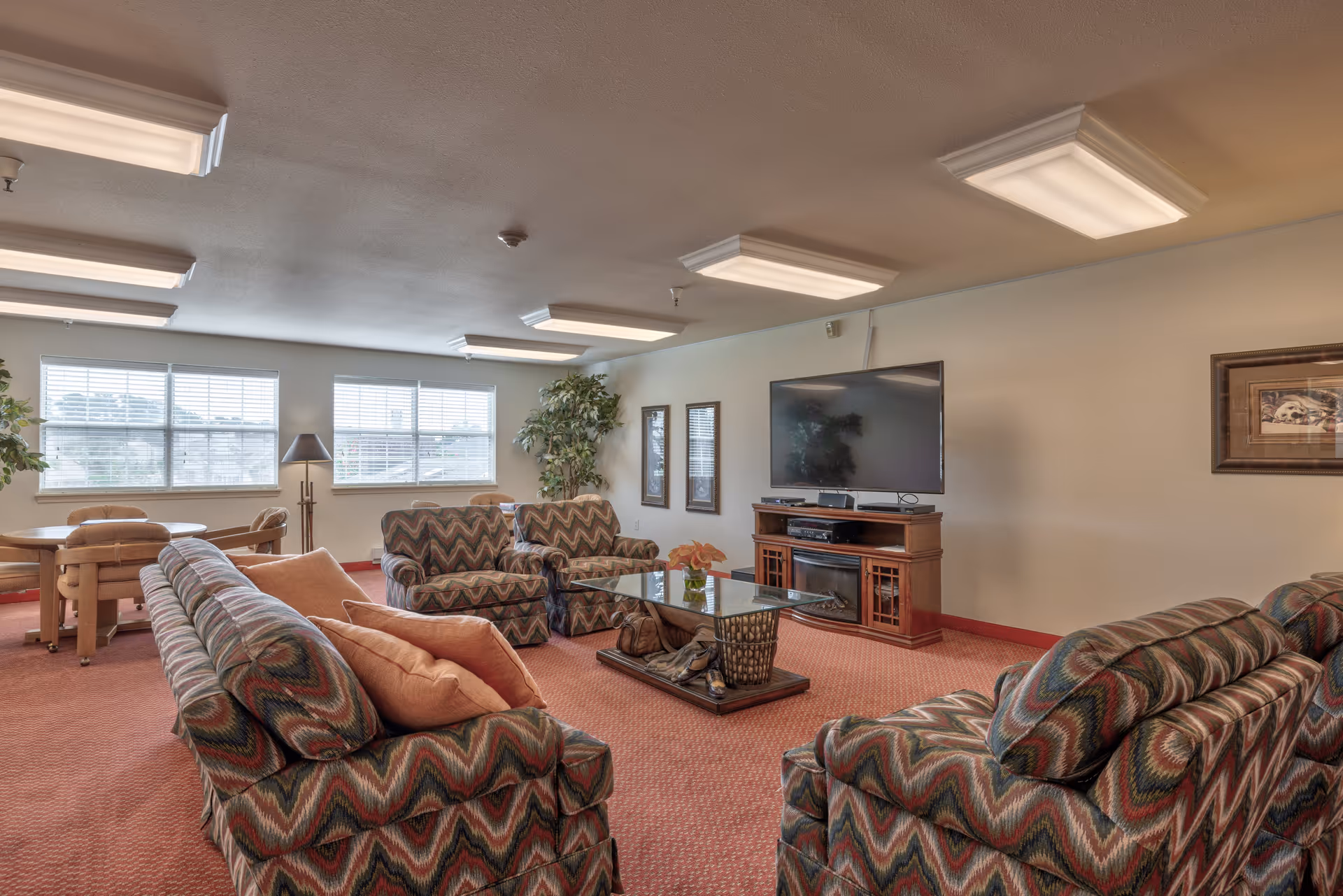 A cozy living room area with patterned sofas and armchairs arranged around a glass coffee table. A flat-screen TV is mounted on a wooden stand with a built-in electric fireplace. The room has large windows letting in natural light, a floor lamp, and some indoor plants. The carpet is a warm reddish color, and the walls are painted light beige.