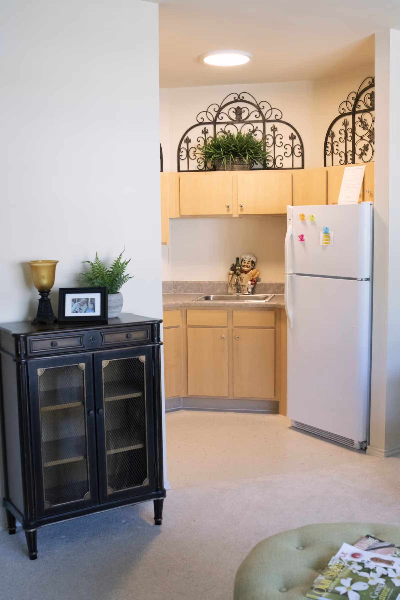 A small kitchen area with light wood cabinets, a countertop with a sink, and a white refrigerator. Above the cabinets are decorative wrought iron wall hangings with a potted plant. To the left of the kitchen is a black cabinet with glass doors, topped with a gold vase, a small green plant, and a framed photo. The floor is carpeted and part of a green cushioned ottoman with magazines on it is visible in the foreground.