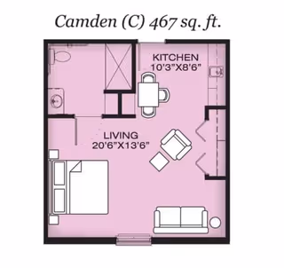 Floor plan of a 467 square feet apartment named Camden (C) showing a living area with a sofa, chair, and table, a kitchen with a dining table and chairs, a bedroom area with a bed, and a bathroom with a toilet and shower.