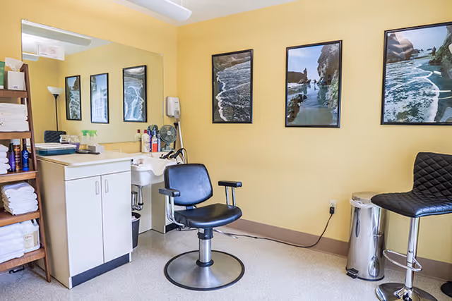 A small salon or grooming area with a black swivel chair in front of a white sink and cabinet. There is a tall wooden shelf stocked with towels and hair products on the left. The walls are painted yellow and decorated with three framed pictures of coastal scenes. A black cushioned stool and a silver trash can are on the right side of the room.