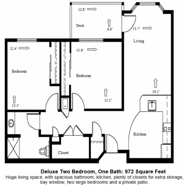 Architectural floor plan of a deluxe two-bedroom, one-bath apartment with a total area of 972 square feet. The layout includes two bedrooms, a bathroom, a kitchen, a living room with a bay window, a closet, and a deck labeled as a private patio. Dimensions for each room and space are indicated with arrows.
