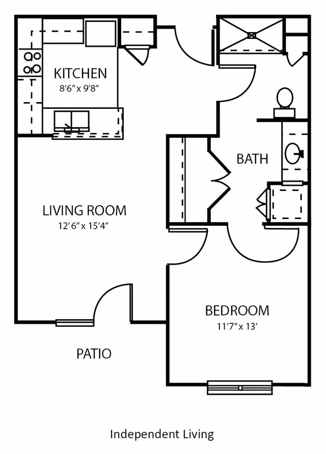 Floor plan of an independent living unit at Summit Point showing a kitchen, living room, bedroom, bathroom, and patio with dimensions for each room.