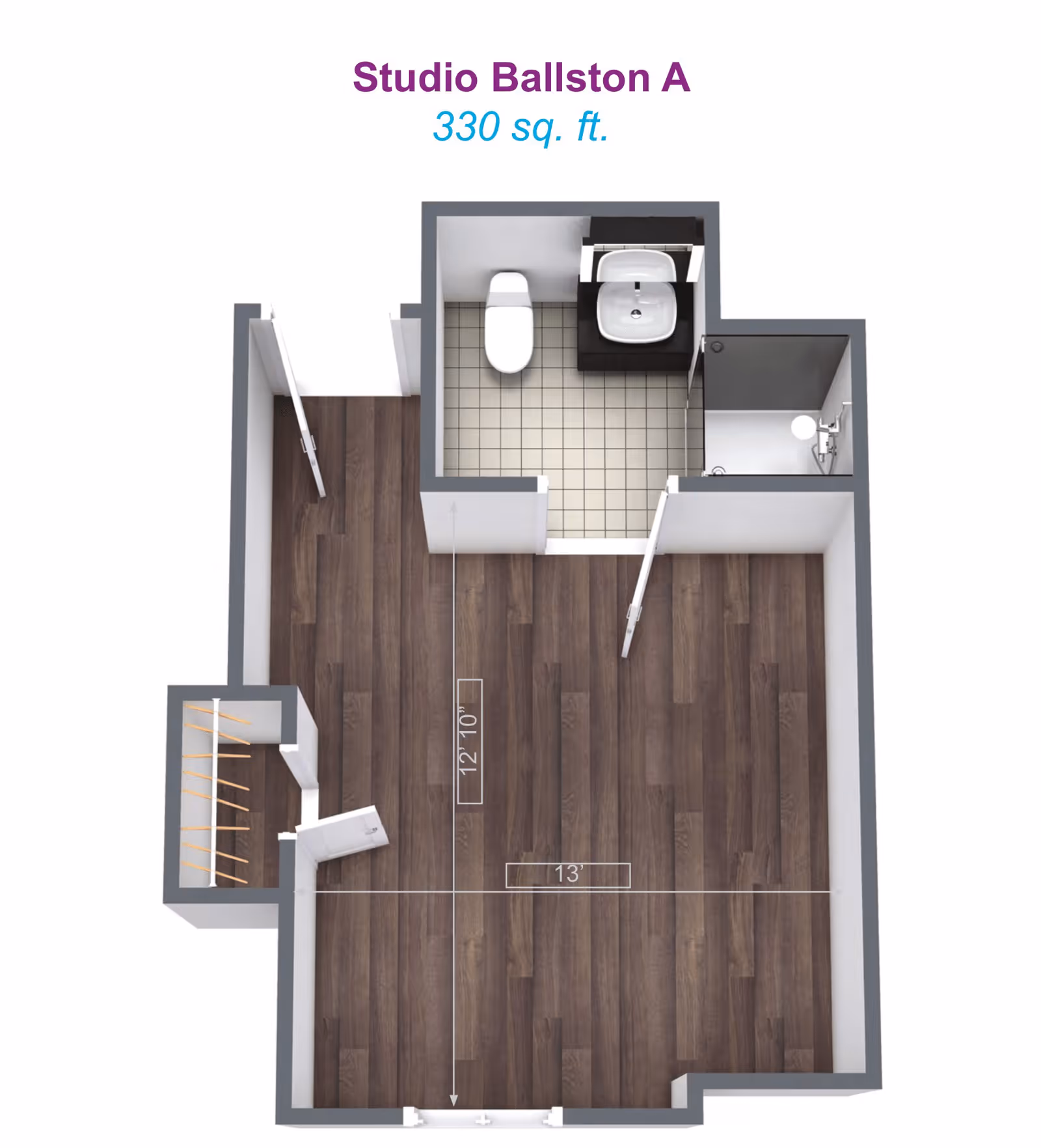3D floor plan of Studio Ballston A apartment with 330 square feet, showing a main living area with wood flooring, a bathroom with tiled floor including a toilet, sink, and shower, and a small closet near the entrance.