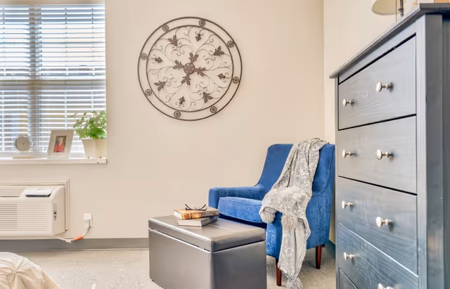 Sunlit bedroom corner with a blue armchair draped with a blanket, a black ottoman, a dresser, and a window with blinds.