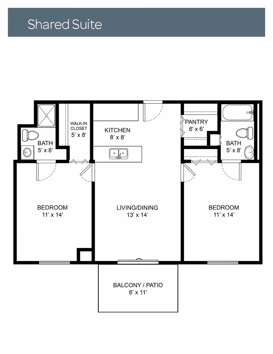 Floor plan of a shared suite featuring two bedrooms each measuring 11 by 14 feet, two bathrooms each 5 by 8 feet, a kitchen 8 by 8 feet, a pantry 6 by 6 feet, a living/dining area 13 by 14 feet, a walk-in closet 5 by 8 feet, and a balcony/patio 6 by 11 feet.